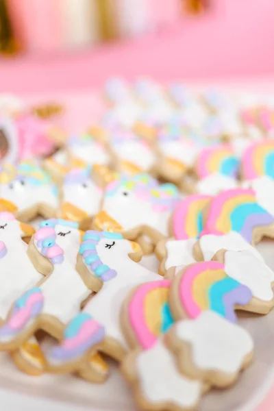 Unicorn Sugar Cookies Decorated Royal Icing Kids Birthday Party — Stock Photo, Image