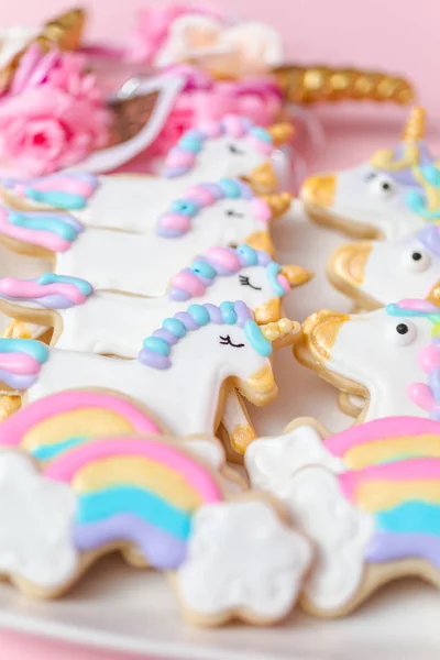 Galletas Azúcar Unicornio Decoradas Con Hielo Real Fiesta Cumpleaños Los — Foto de Stock