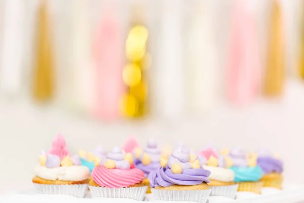 Unicorn Theme Vanilla Cupcakes Kids Birthday Party — Stock Photo, Image