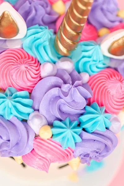 Unicorn Cake Decorated Multicolor Buttercream Icing — Stock Photo, Image