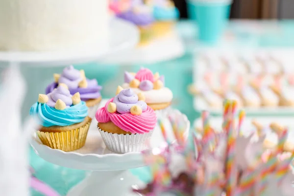 Little Girl Birthday Party Table Unicorn Cake Cupcakes Sugaer Cookies — Stock Photo, Image