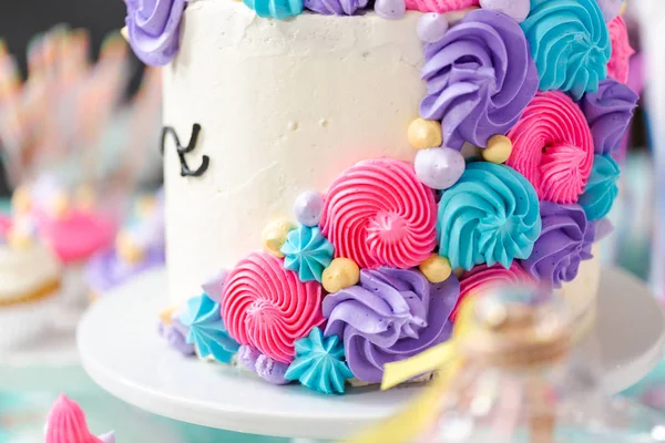 Gros Plan Gâteau Licorne Fête Anniversaire Petite Fille — Photo