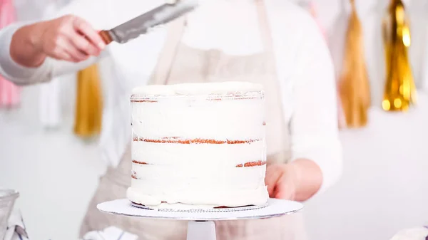 Passo Dopo Passo Pasticcere Fare Torta Unicorno Festa Compleanno Della — Foto Stock