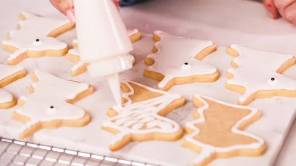 Decorating Unocrn Shaped Sugar Cookies Royal Icing Little Girl Birthday — Stock Photo, Image