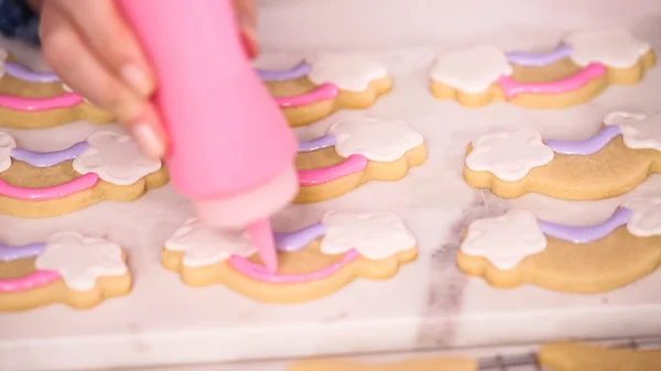 Unocrn 形状的糖饼干与皇家糖衣小女孩生日聚会 — 图库照片