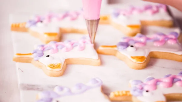 Decorating Unocrn Shaped Sugar Cookies Royal Icing Little Girl Birthday — Stock Photo, Image