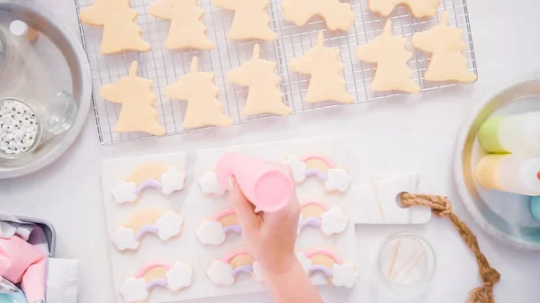 Decorating Unocrn Shaped Sugar Cookies Royal Icing Little Girl Birthday — Stock Photo, Image