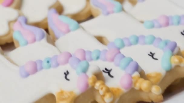 Feche Mesa Aniversário Menina Com Bolo Unicórnio Cupcakes Biscoitos Açúcar — Vídeo de Stock