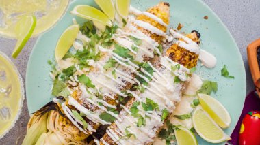 Elote baharat ve taze kişniş ile süslenmiş Meksika Mısır.