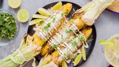 Elote baharat ve taze kişniş ile süslenmiş Meksika Mısır.