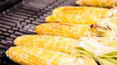 Taze organik Mısır Meksika yapmak için açık gaz ızgara ızgara soğanların om cob elote.