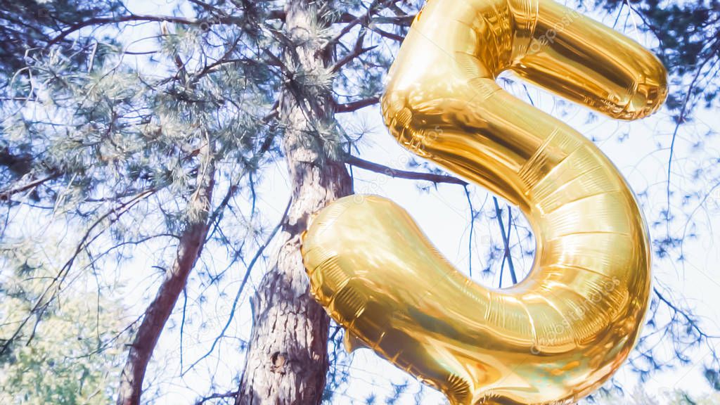 Number five golden balloon at little birthday party in urban park.