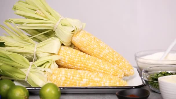 Fresh Ingredients Preparing Grilling Mexican Street Corn Elote — Stock Video