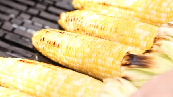 Grilling Mexican Street Corn Elote Outdoor Gas Grill — Stock Video