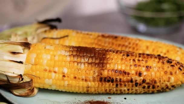 Schritt Für Schritt Mexikanischer Mais Auf Dem Maiskolben — Stockvideo