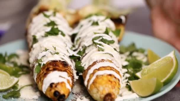 Mexican Corn Cob Elote Garnished Fresh Cilantro Serving Plate — Stock Video