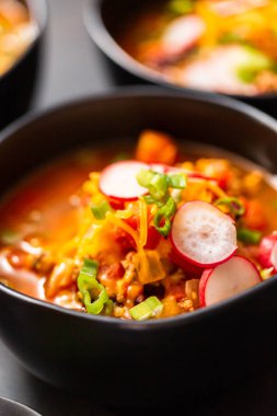 Türkiye'de biber taze turp, yeşil soğan ve kaşar peyniri ile süslenmiş yakın çekim.