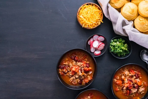 Turkey Chili Garnished Fresh Radishes Green Onions Cheddar Cheese — Stock Photo, Image