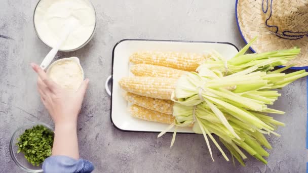 Krok Krokem Krunýřů Organické Kukuřice Aby Mexický Kukuřičný Klas Elote — Stock video