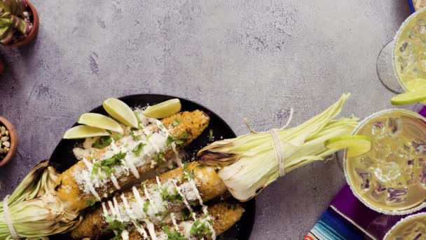 Passo Passo Festa Assina Mesa Com Milho Mexicano Espiga Elote — Vídeo de Stock