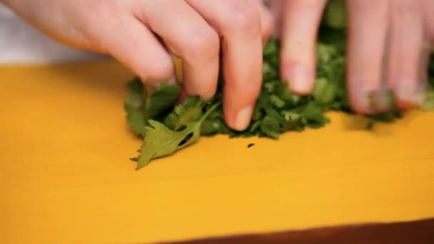 循序渐进 切碎香菜在木制砧板上 — 图库视频影像