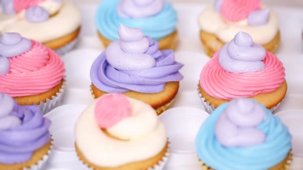 Paso Paso Pastelería Chef Tubería Crema Mantequilla Glaseado Cupcakes Unicornio — Vídeos de Stock