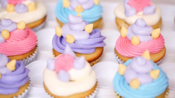 Paso Paso Pastelería Chef Tubería Crema Mantequilla Glaseado Cupcakes Unicornio — Vídeos de Stock