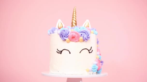 Unicorn Cake Decorated Multicolor Buttercream Icing Pink Background — Stock Video