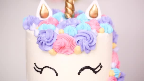 Unicorn Cake Decorated Multicolor Buttercream Icing — Stock Video