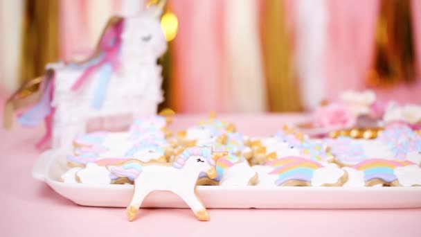 Biscoitos Açúcar Unicórnio Decorados Com Cereja Real Festa Aniversário Das — Vídeo de Stock