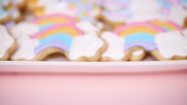 Unicorn Sugar Cookies Decorated Royal Icing Kids Birthday Party — Stock Video