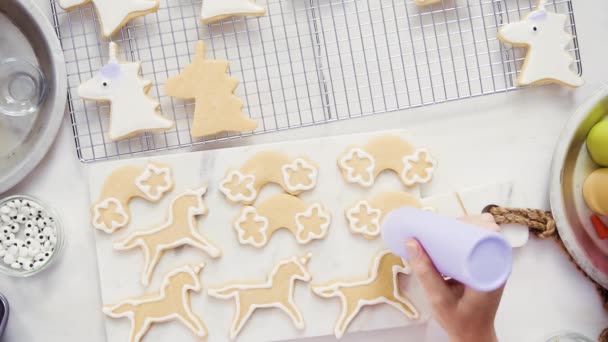 Top View Step Step Decorating Unicorn Shaped Sugar Cookies Royal — Stock Video