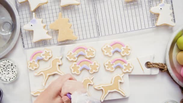 Top View Step Step Decorating Unicorn Shaped Sugar Cookies Royal — Stock Video