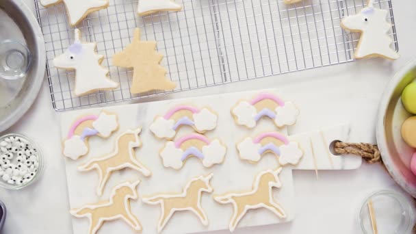 Vista Superior Paso Paso Decoración Galletas Azúcar Forma Unicornio Con — Vídeos de Stock