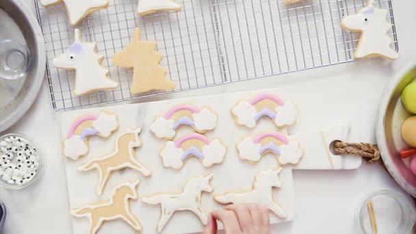 Vista Superior Paso Paso Decoración Galletas Azúcar Forma Unicornio Con — Vídeos de Stock