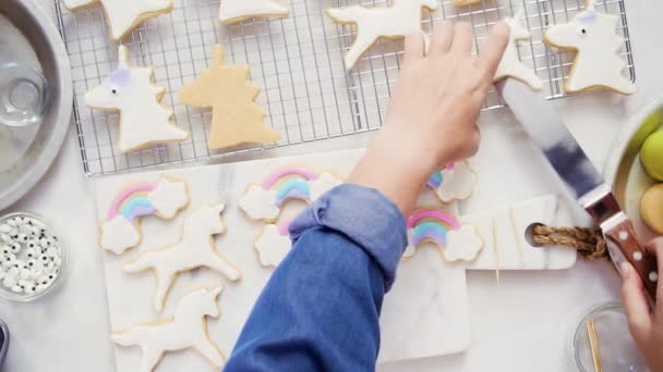 Bovenaanzicht Stap Voor Stap Decoreren Unicorn Vormige Suiker Koekjes Met — Stockvideo