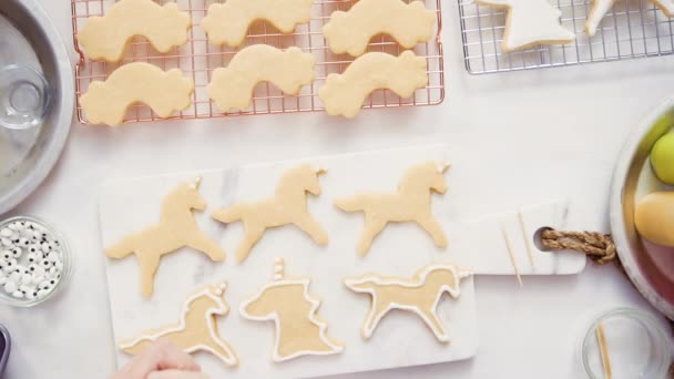 Vista Superior Paso Paso Decoración Galletas Azúcar Forma Unicornio Con — Vídeo de stock