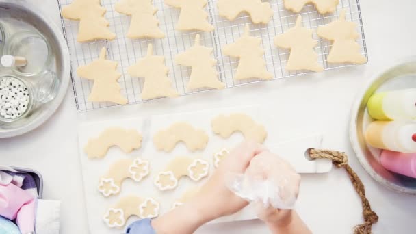 Felülnézet Lépésről Lépésre Díszítő Egyszarvú Alakú Királyi Jegesedés Cukor Cookie — Stock videók