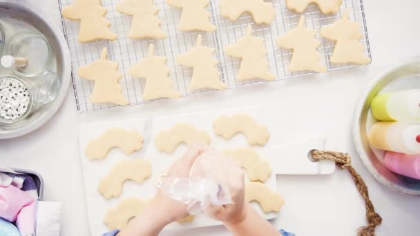 Felülnézet Lépésről Lépésre Díszítő Egyszarvú Alakú Királyi Jegesedés Cukor Cookie — Stock videók