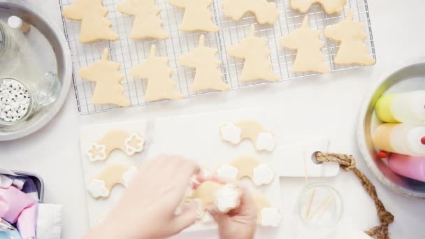 Felülnézet Lépésről Lépésre Díszítő Egyszarvú Alakú Királyi Jegesedés Cukor Cookie — Stock videók