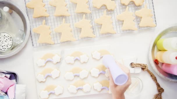 Top View Step Step Decorating Unicorn Shaped Sugar Cookies Royal — Stock Video