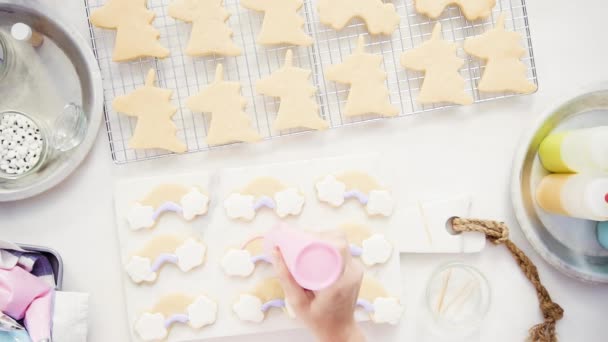 Top View Step Step Decorating Unicorn Shaped Sugar Cookies Royal — Stock Video