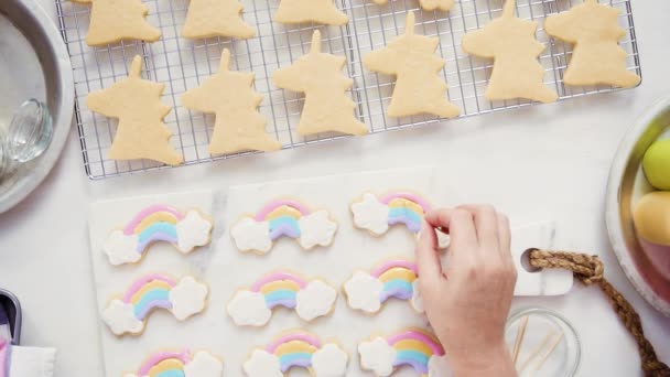 Widok Góry Krok Kroku Dekorowanie Jednorożca Kształcie Cookies Cukru Lukier — Wideo stockowe