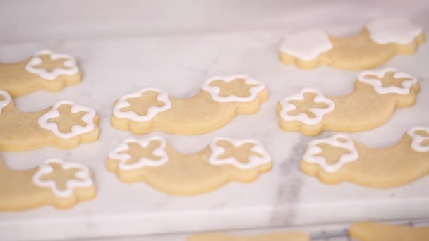 Lépésről Lépésre Díszítő Egyszarvú Alakú Királyi Jegesedés Cukor Cookie Kis — Stock videók