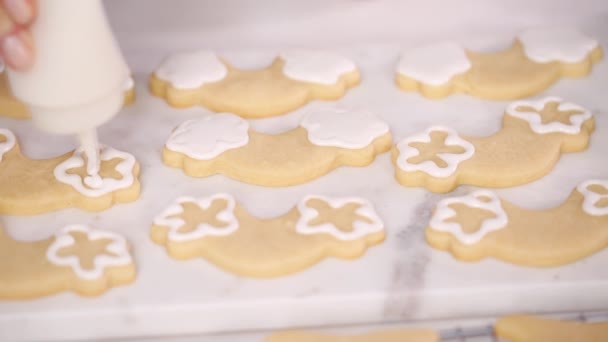 Lépésről Lépésre Díszítő Egyszarvú Alakú Királyi Jegesedés Cukor Cookie Kis — Stock videók