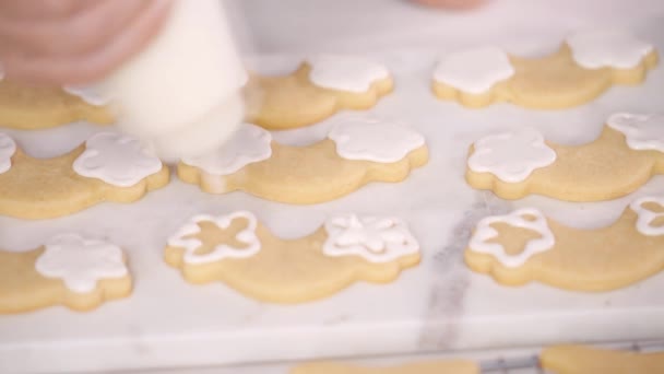 Passo Passo Decorar Biscoitos Açúcar Forma Unicórnio Com Gelo Real — Vídeo de Stock