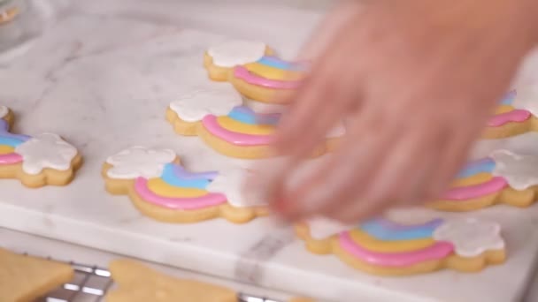 Stap Voor Stap Decoreren Unicorn Vormige Suiker Koekjes Met Royal — Stockvideo