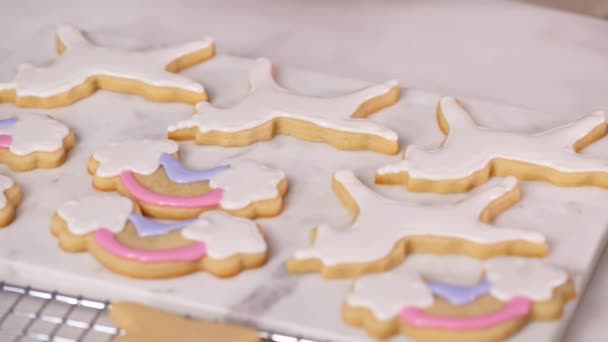 Passo Dopo Passo Decorare Biscotti Zucchero Forma Unicorno Con Glassa — Video Stock