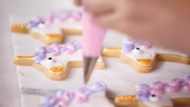 Paso Paso Decoración Galletas Azúcar Forma Unicornio Con Glaseado Real — Vídeos de Stock