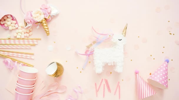 Fête Anniversaire Thème Licorne Sur Fond Plat Rose — Video